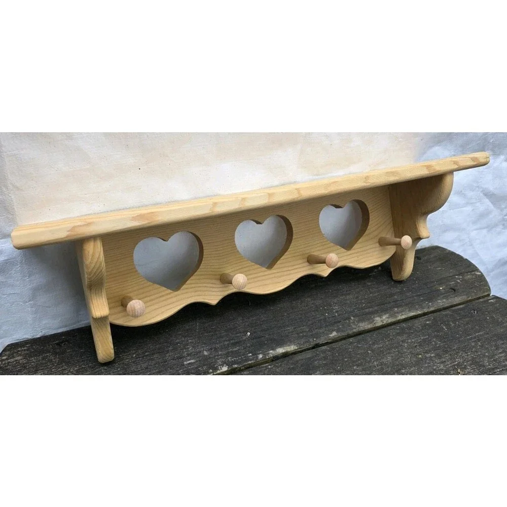 Vtg Unfinished Pine Wall Shelf Cutout Hearts Shaker Peg Rack Country 22